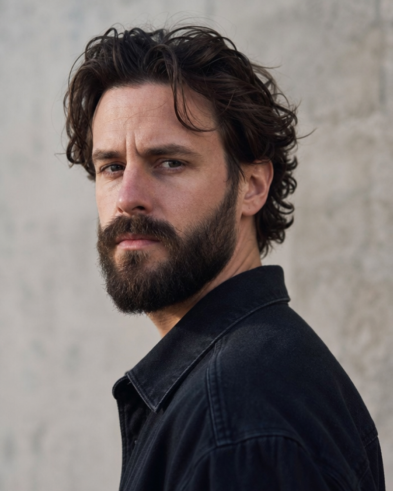 Three-quarter portrait of a bearded man with wavy dark hair