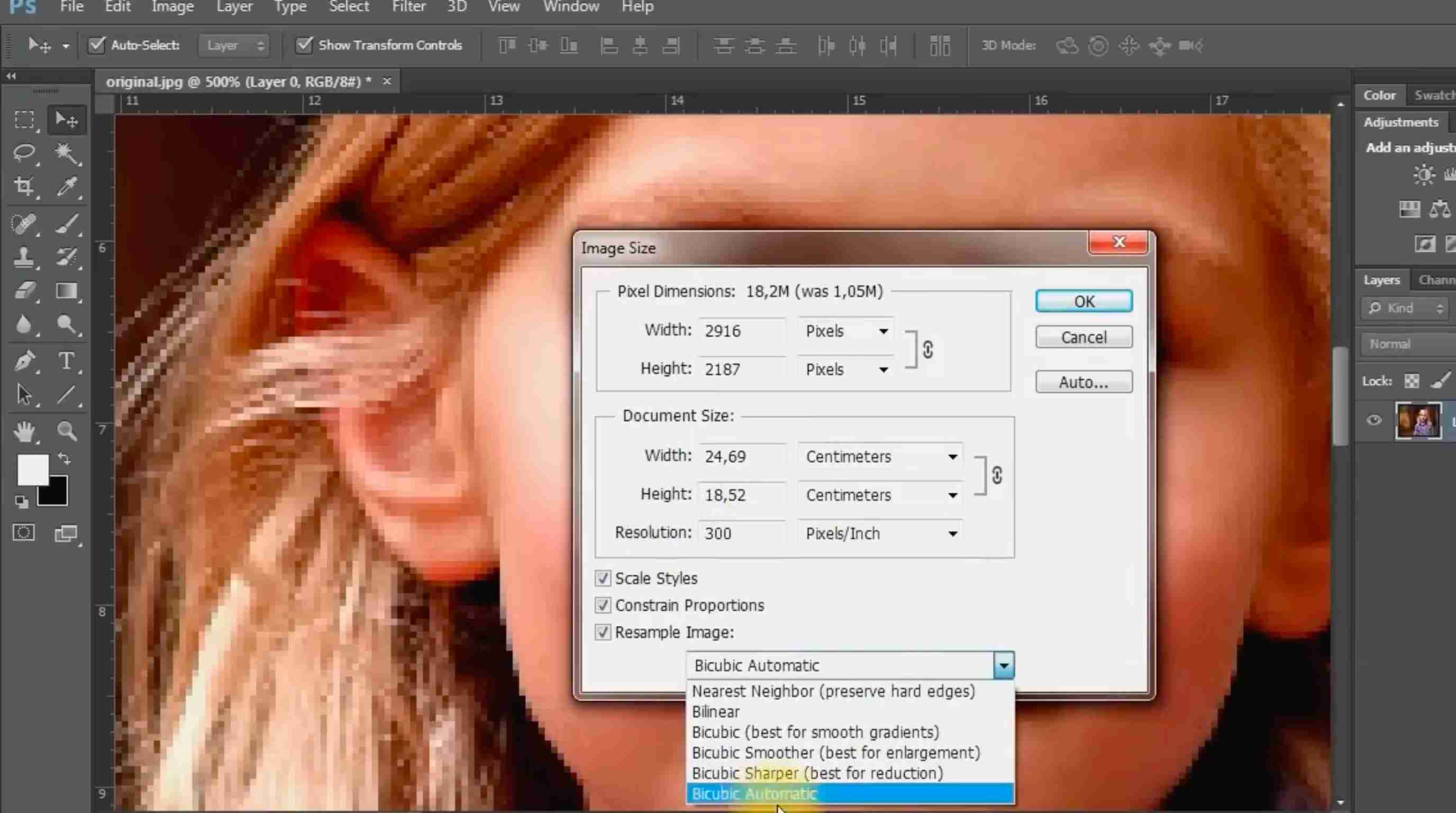 Fix pixelated photos in Photoshop Resize the image with proper resampling