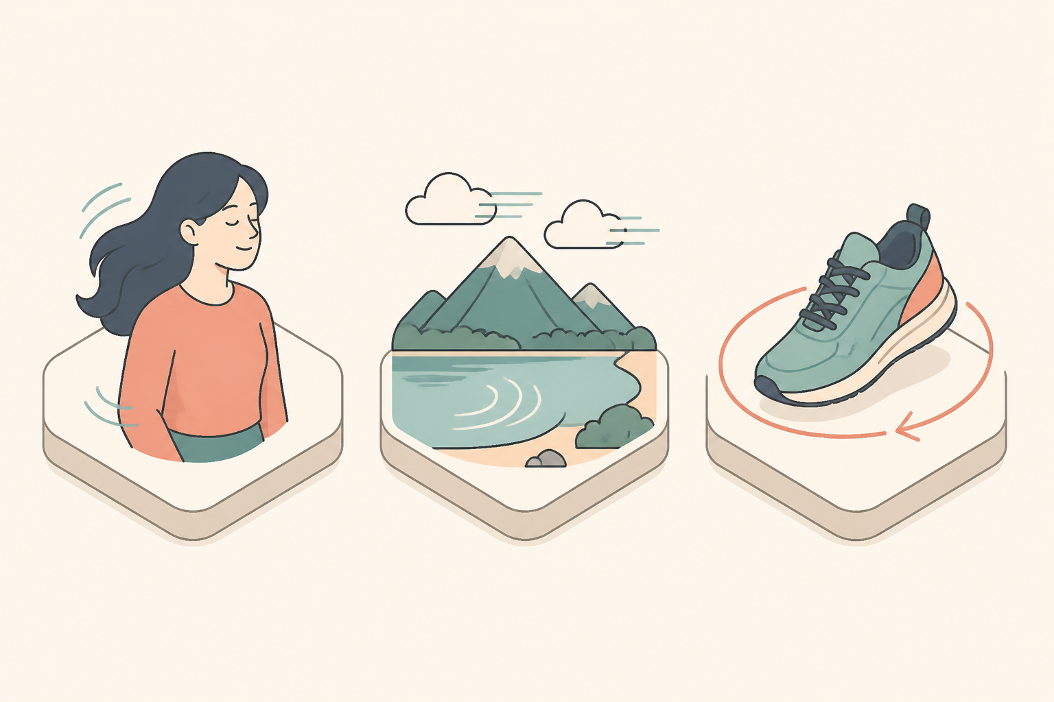 Three examples matching motion to subject: hair and clothing sway, drifting clouds and water, and product rotation. Three examples matching motion to subject: hair and clothing sway, drifting clouds and water, and product rotation.