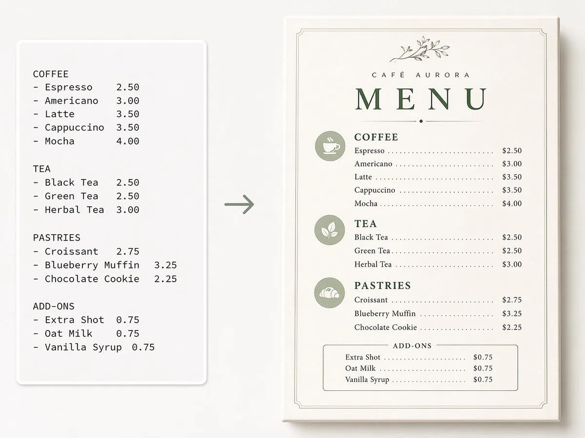 AI Turn Menu Text into Designed Posters