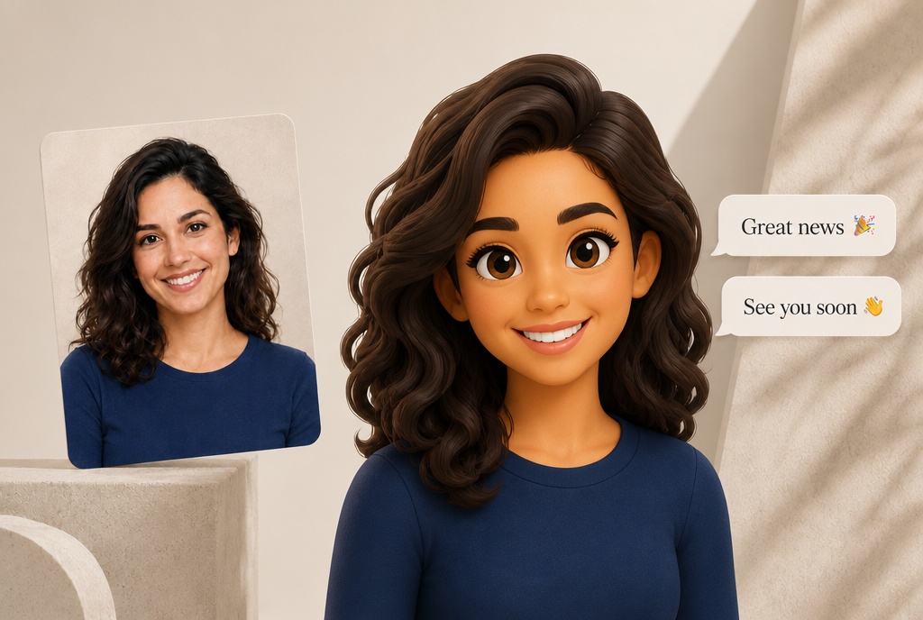 Woman’s portrait transformed into a 3D emoji avatar beside emoji-enhanced messages
