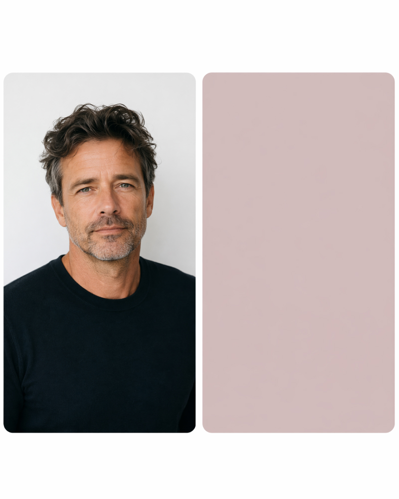 Portrait photo with a muted dusty rose color swatch