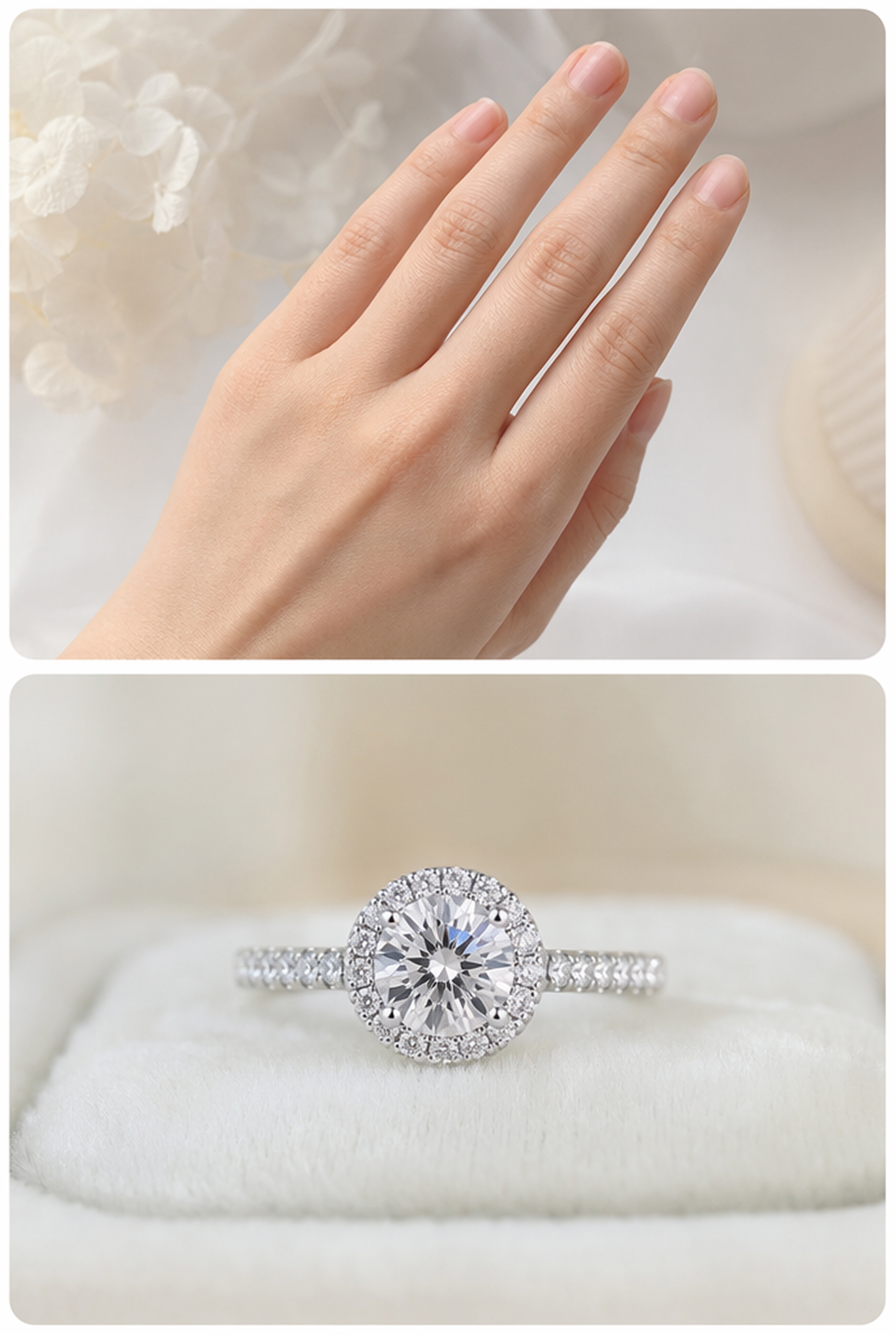 Hand photo with a halo engagement ring reference