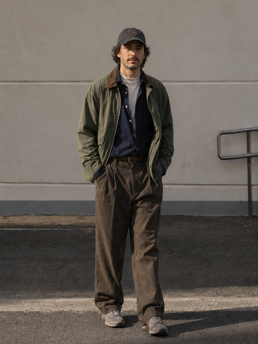 AI-generated everyday outfit with coordinated neutral layers and relaxed tailoring.