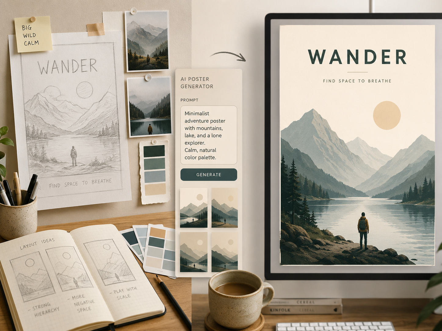 Rough poster sketch and AI poster generator prompt turning into a clean final poster draft Rough poster sketch and AI poster generator prompt turning into a clean final poster draft