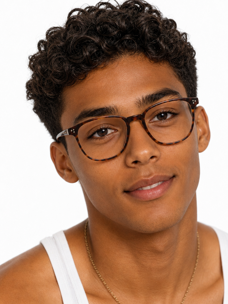 Model wearing square-frame glasses in a virtual try-on