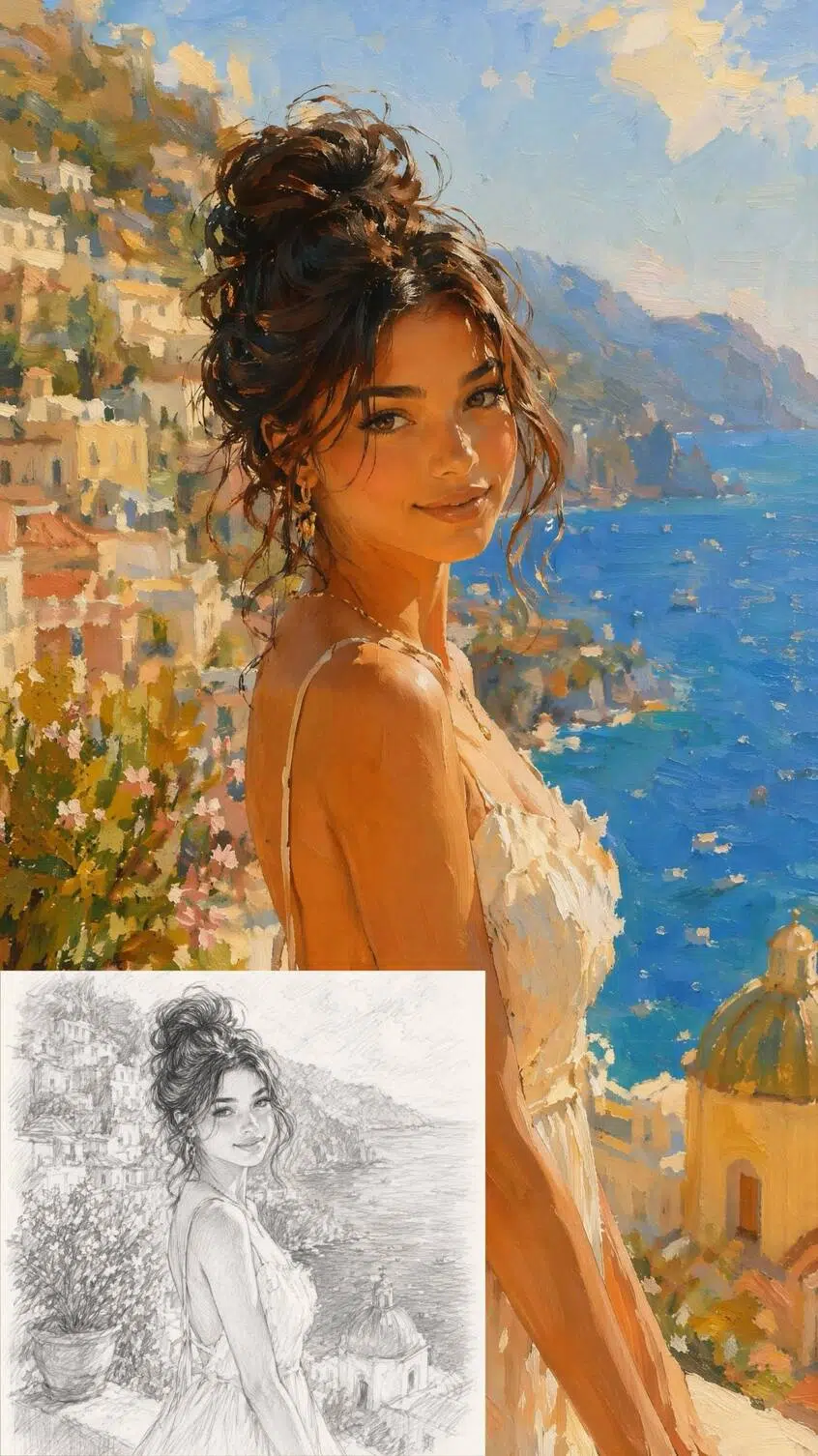 Impressionist travel portrait of a woman by the sea with coastal buildings in the background