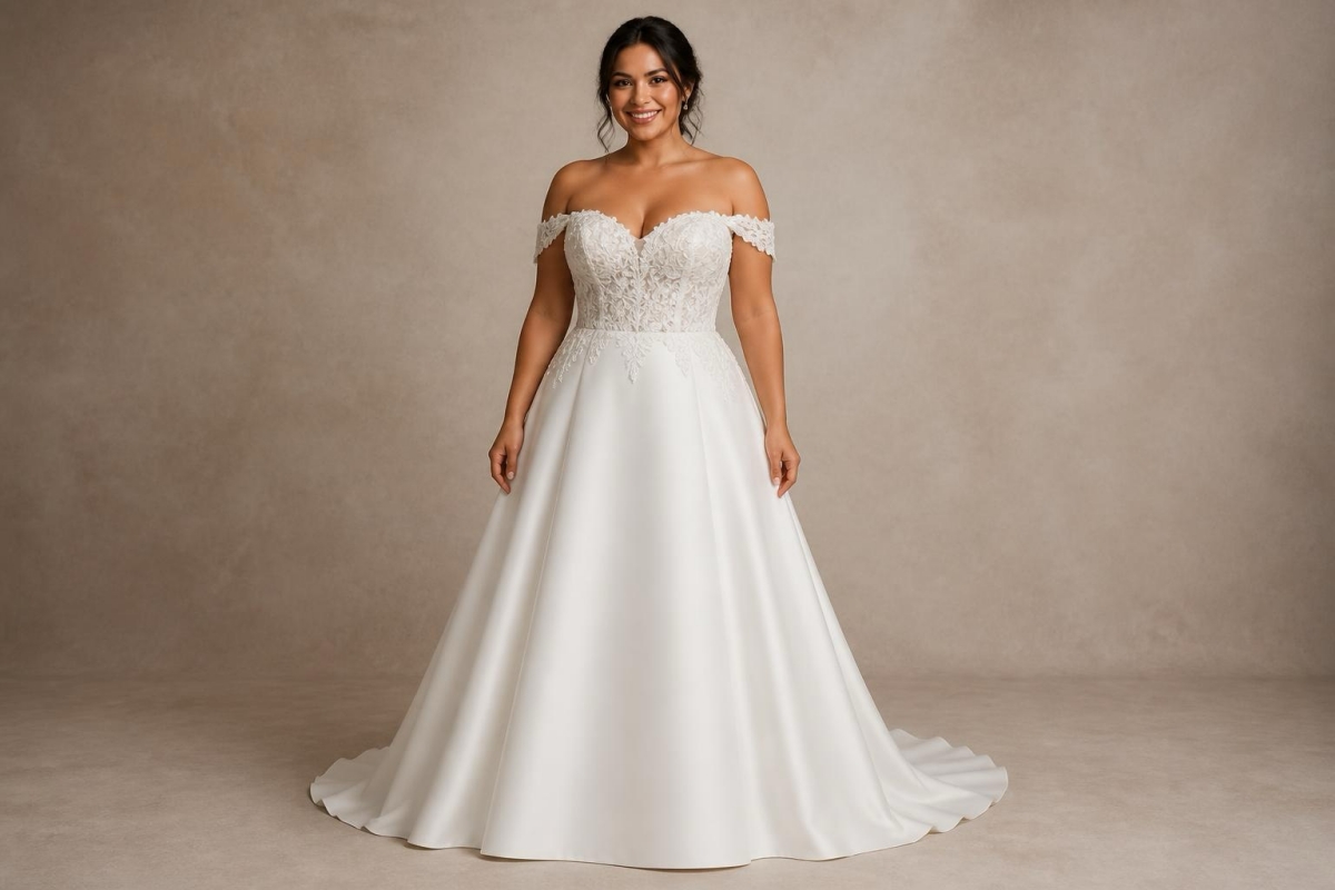 Pear-shaped bride wearing an A-line wedding dress