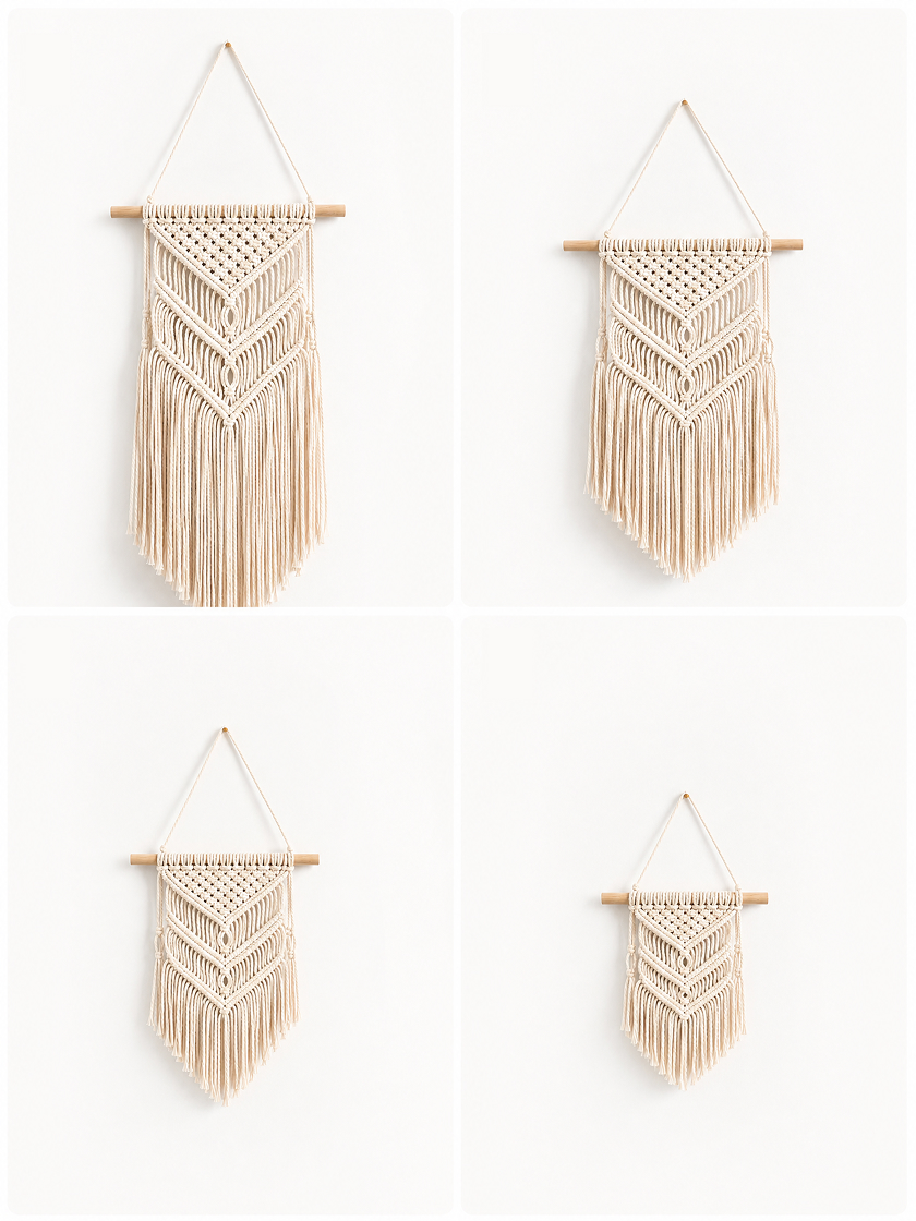 Four macramé wall hanging variants ranging from a large statement piece to a compact size.