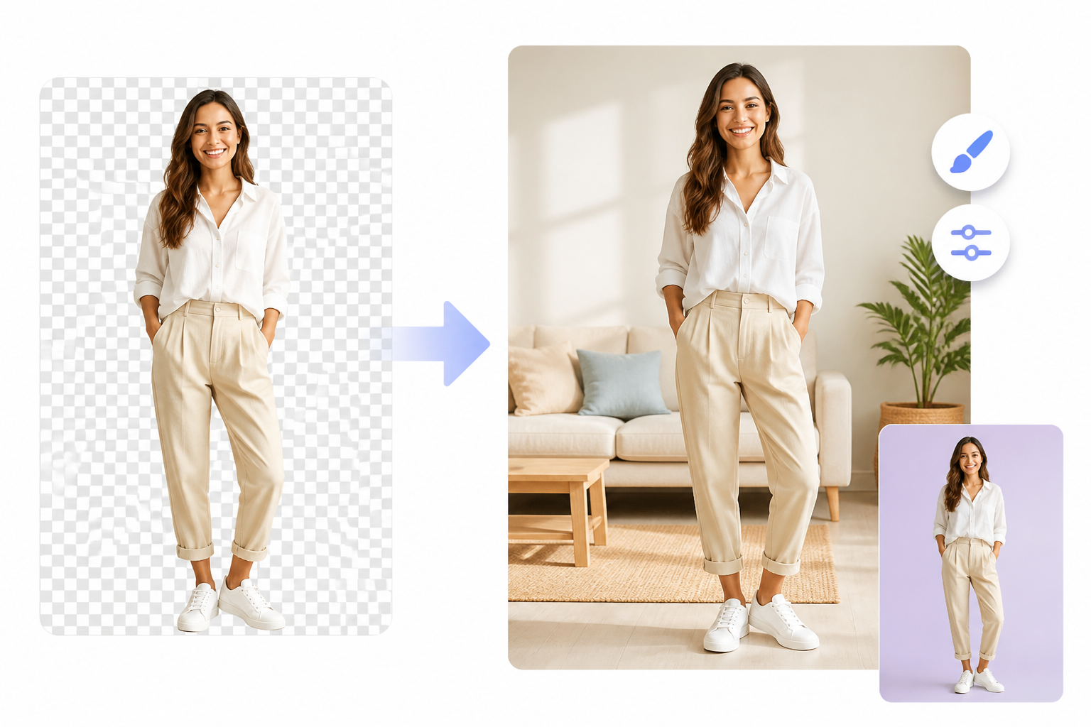Cut-out subject on a transparent background replaced with a new solid color or lifestyle scene, then refined with editing tools.