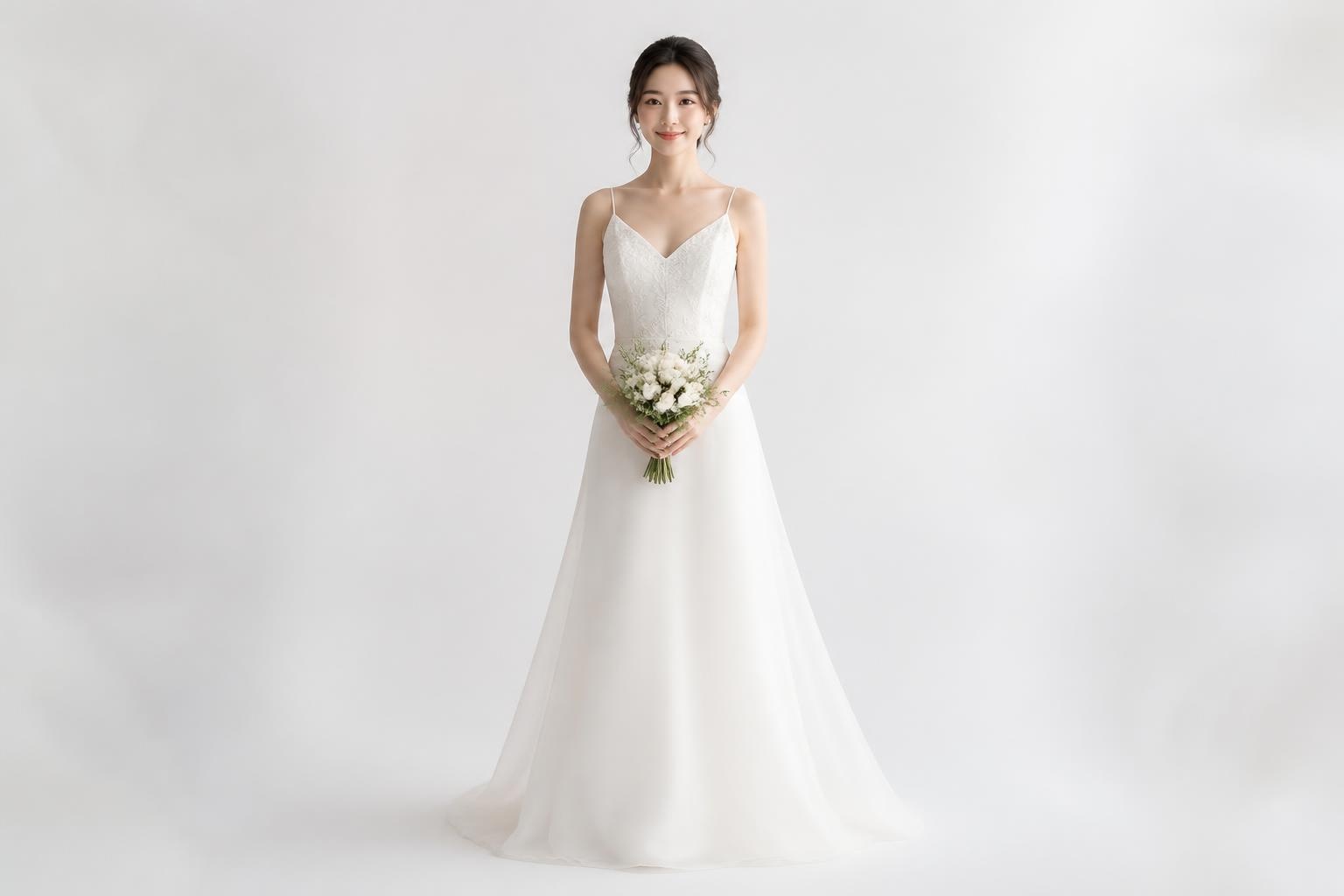 Petite bride in a modified A-line wedding dress
