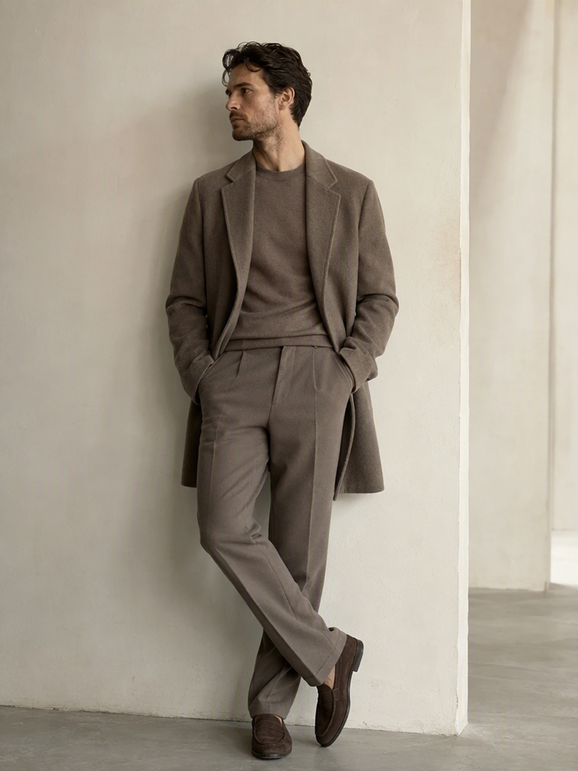 AI-generated everyday outfit with coordinated neutral layers and relaxed tailoring.