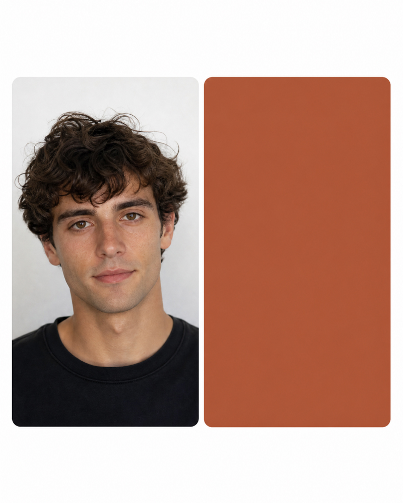 Portrait photo with a warm copper auburn color swatch
