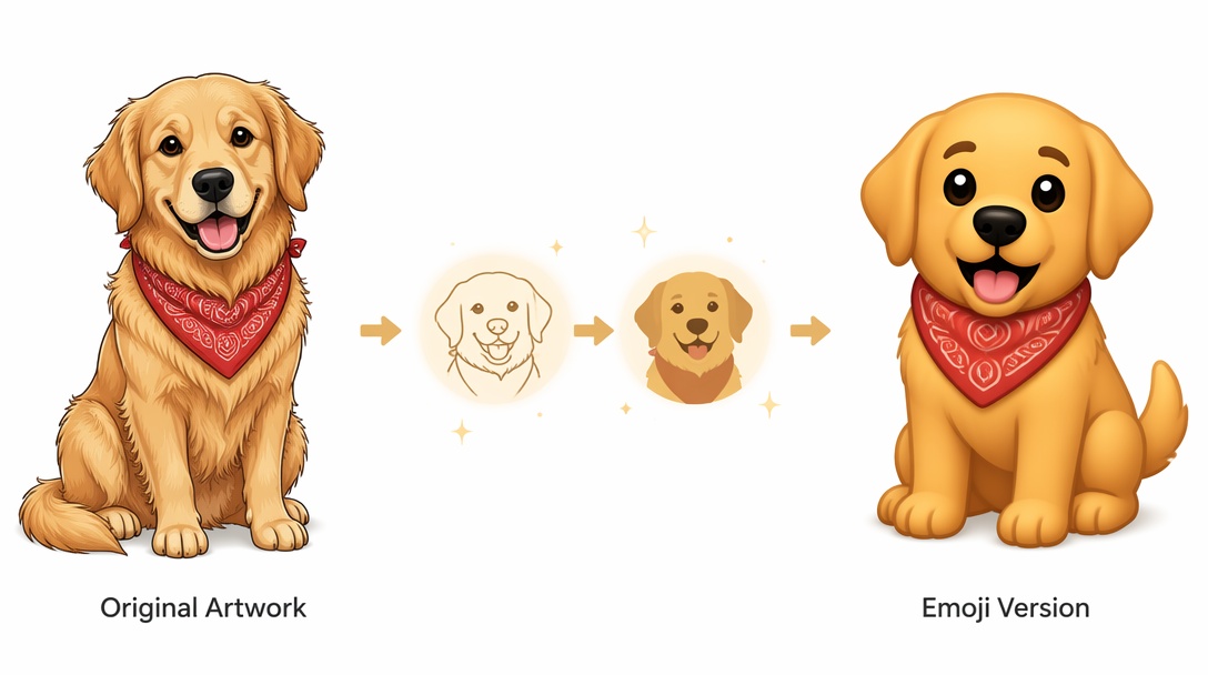 artwork being transformed into a playful emoji