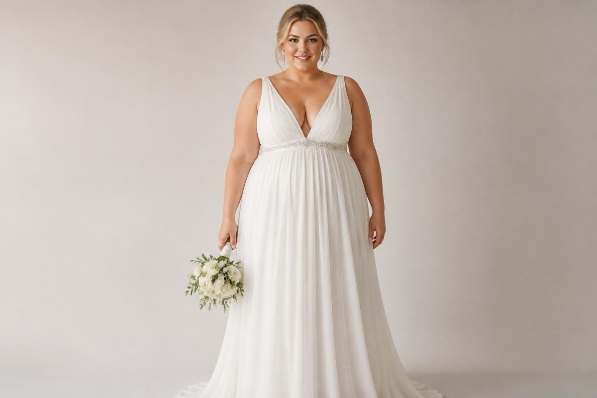 Apple-shaped bride in an empire waist wedding dress