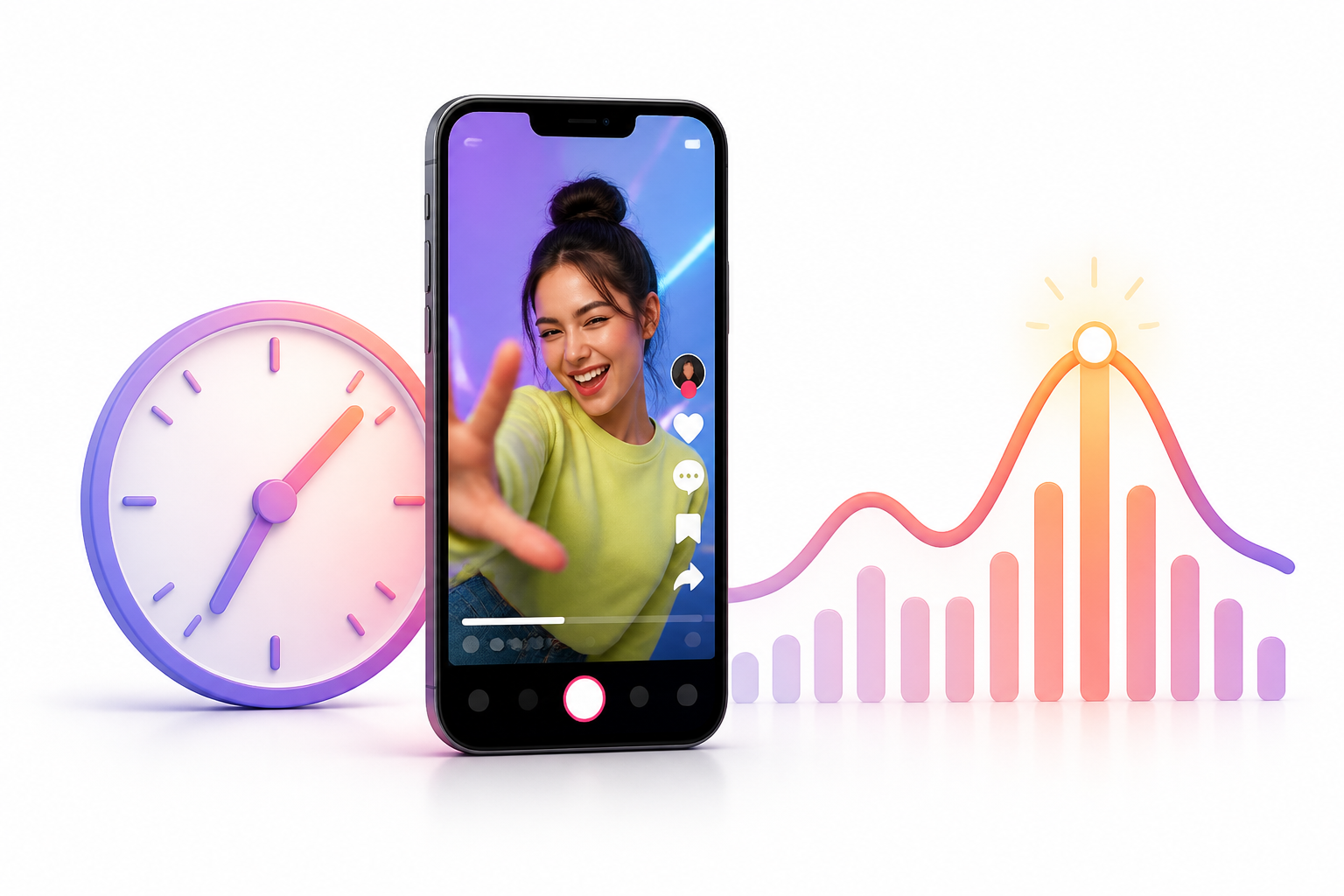 Phone with a short video beside a clock and activity curve highlighting the best time to post on TikTok. Phone with a short video beside a clock and activity curve highlighting the best time to post on TikTok.