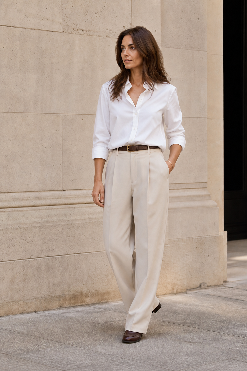 AI-generated everyday outfit with coordinated neutral layers and relaxed tailoring.