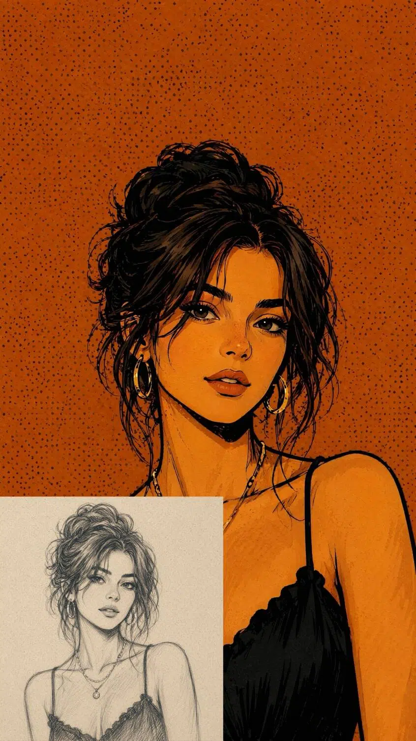 art comic portrait of a woman with dark hair on an orange halftone backgroundT Image-2_20260706001