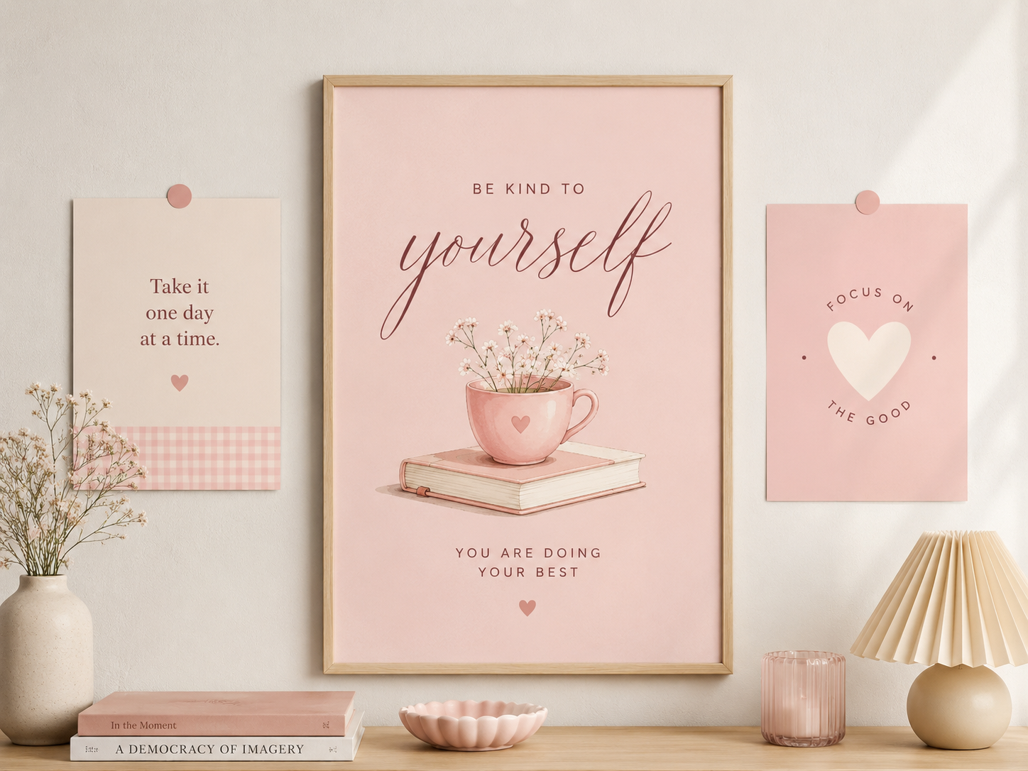 Cute pink aesthetic poster set with one main print and two simple supporting posters Cute pink aesthetic poster set with one main print and two simple supporting posters
