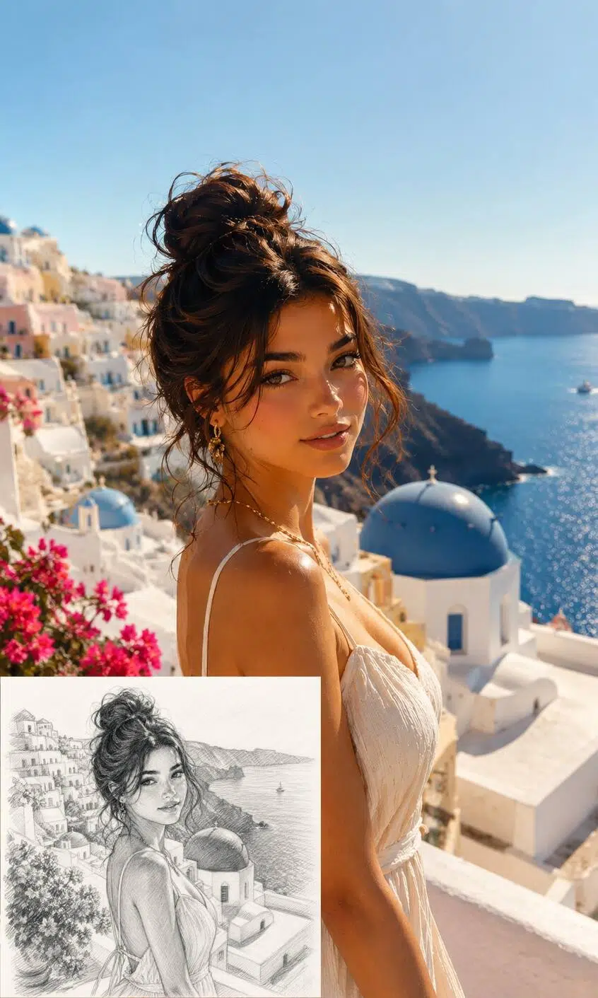 Cinematic travel portrait of a woman on a sunny Mediterranean terrace