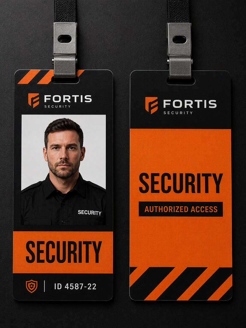 Employee ID card design with portrait area, name, job title, department, and organization details.