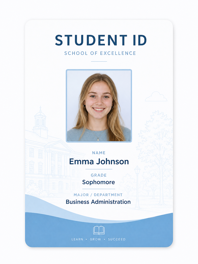 Student ID card design with portrait area, student name, school details, and academic card layout.