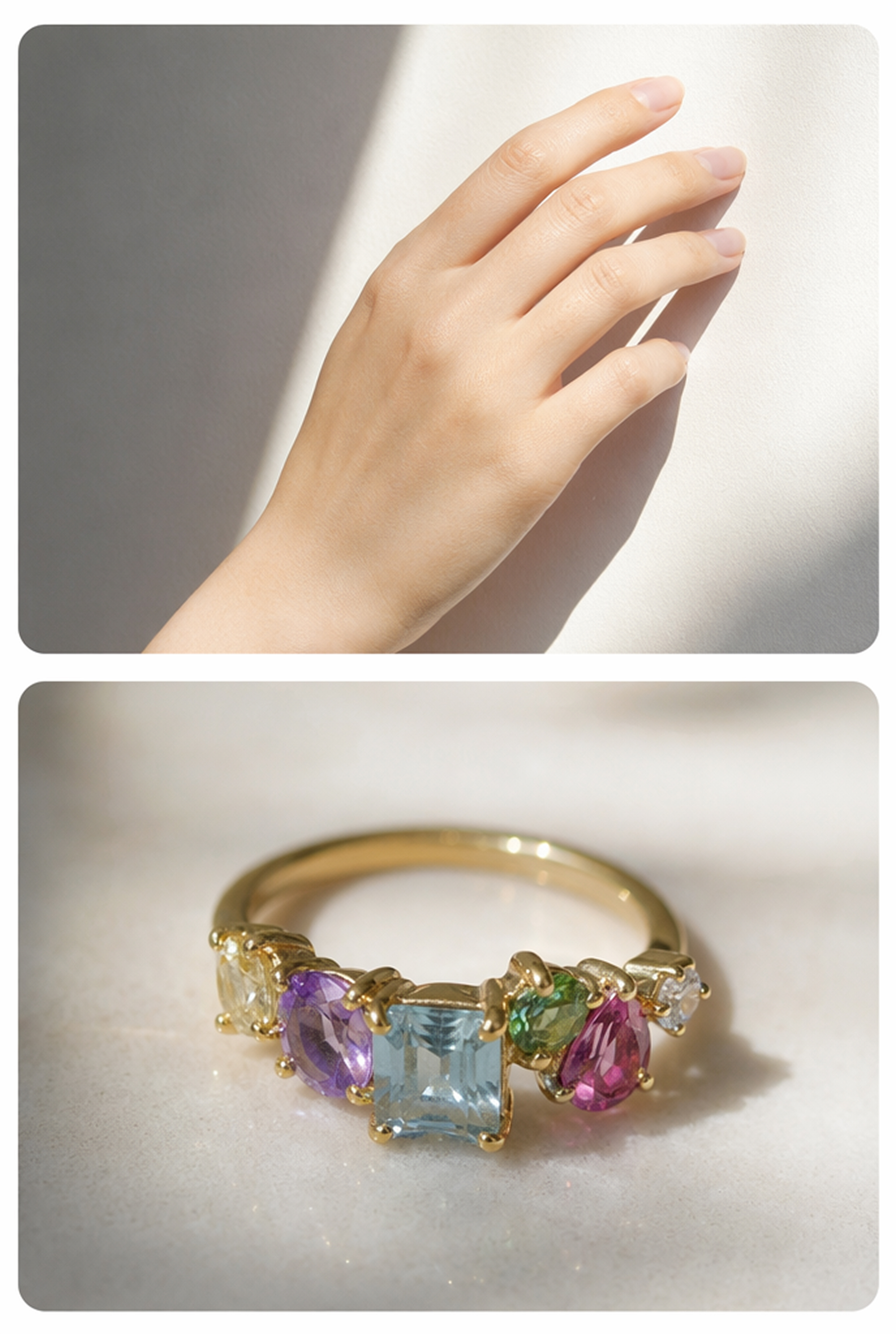Hand photo with a colorful gemstone ring reference