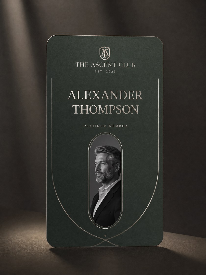 Membership card design with member name, member type, group details, and polished membership layout.