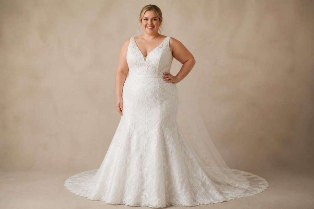 Plus-size bride in a structured fit-and-flare wedding dress