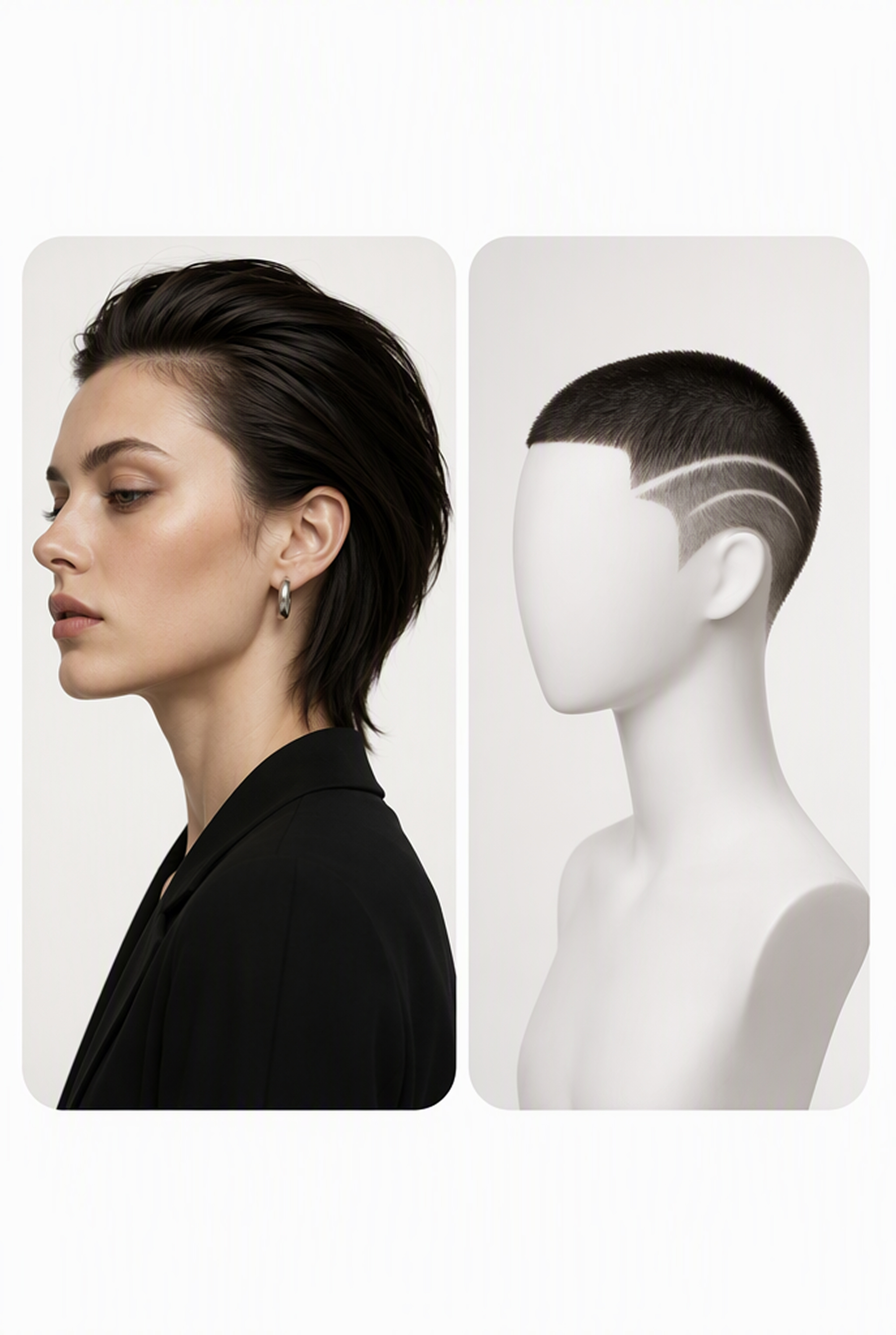 Female portrait with a shaved-line buzz cut reference
