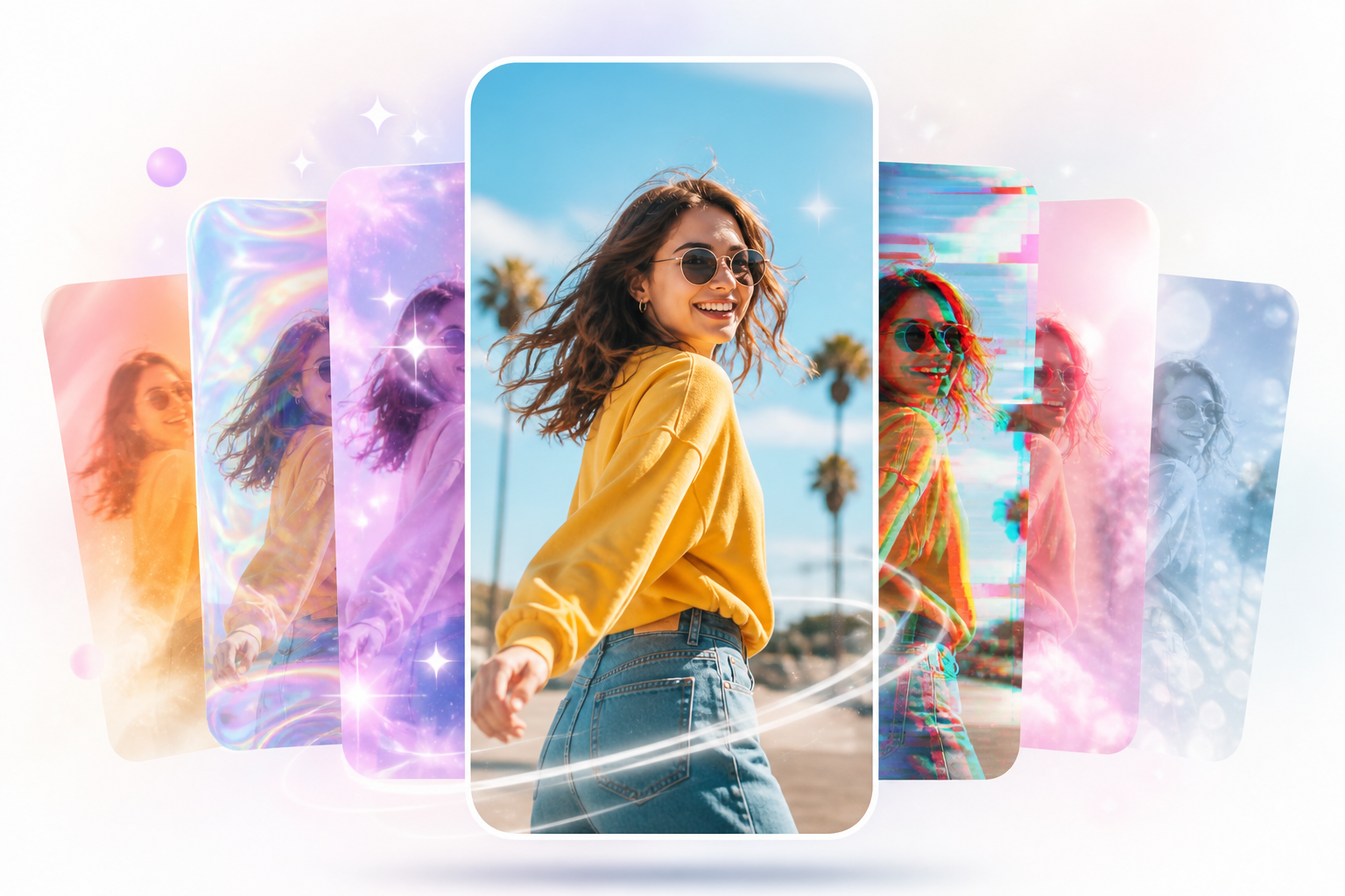 Vertical video frame with creative AI effects and style overlays for social content. Vertical video frame with creative AI effects and style overlays for social content.