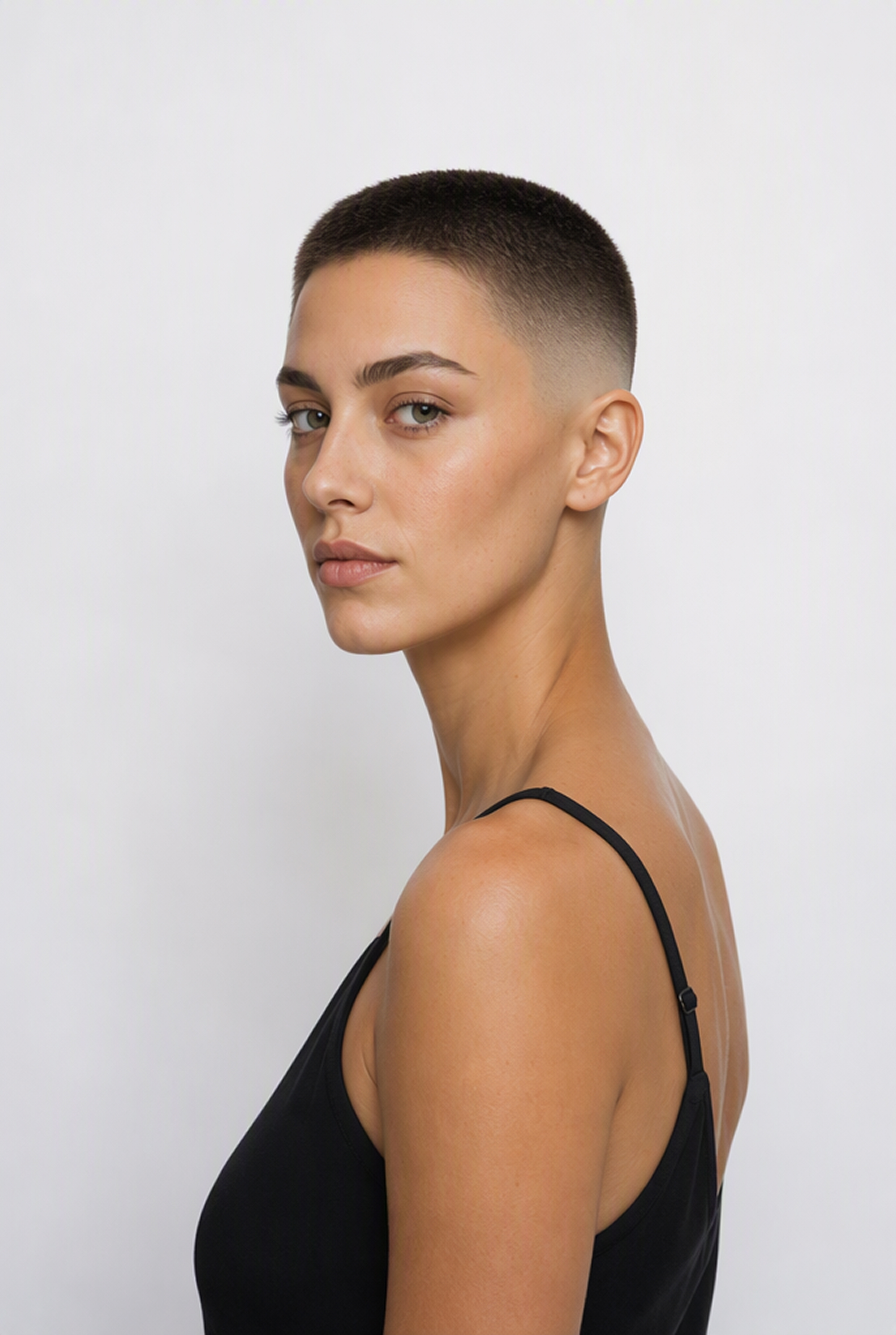 Woman with a short faded buzz cut