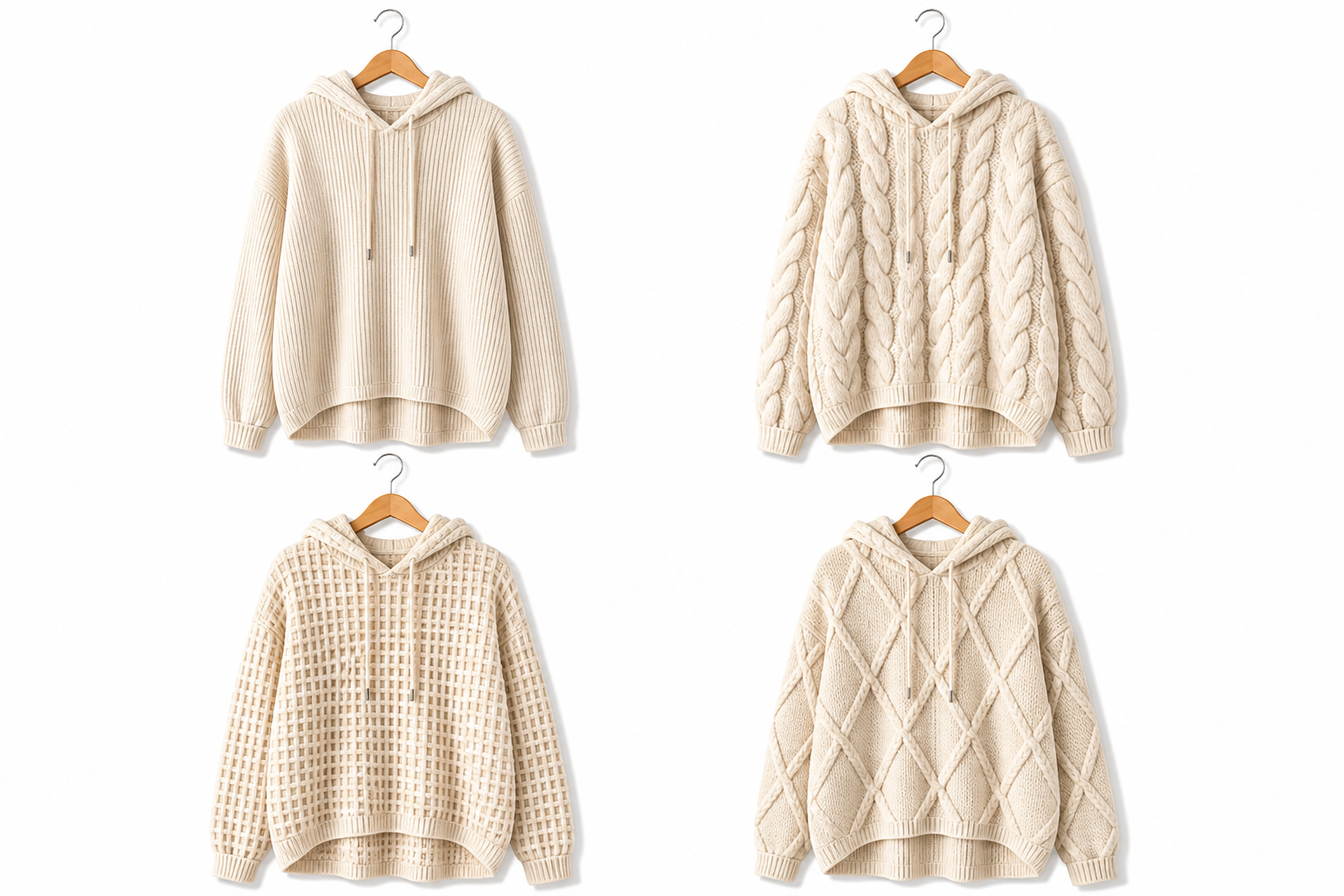 Four cream hoodie variants with different tonal pattern treatments displayed on wooden hangers.