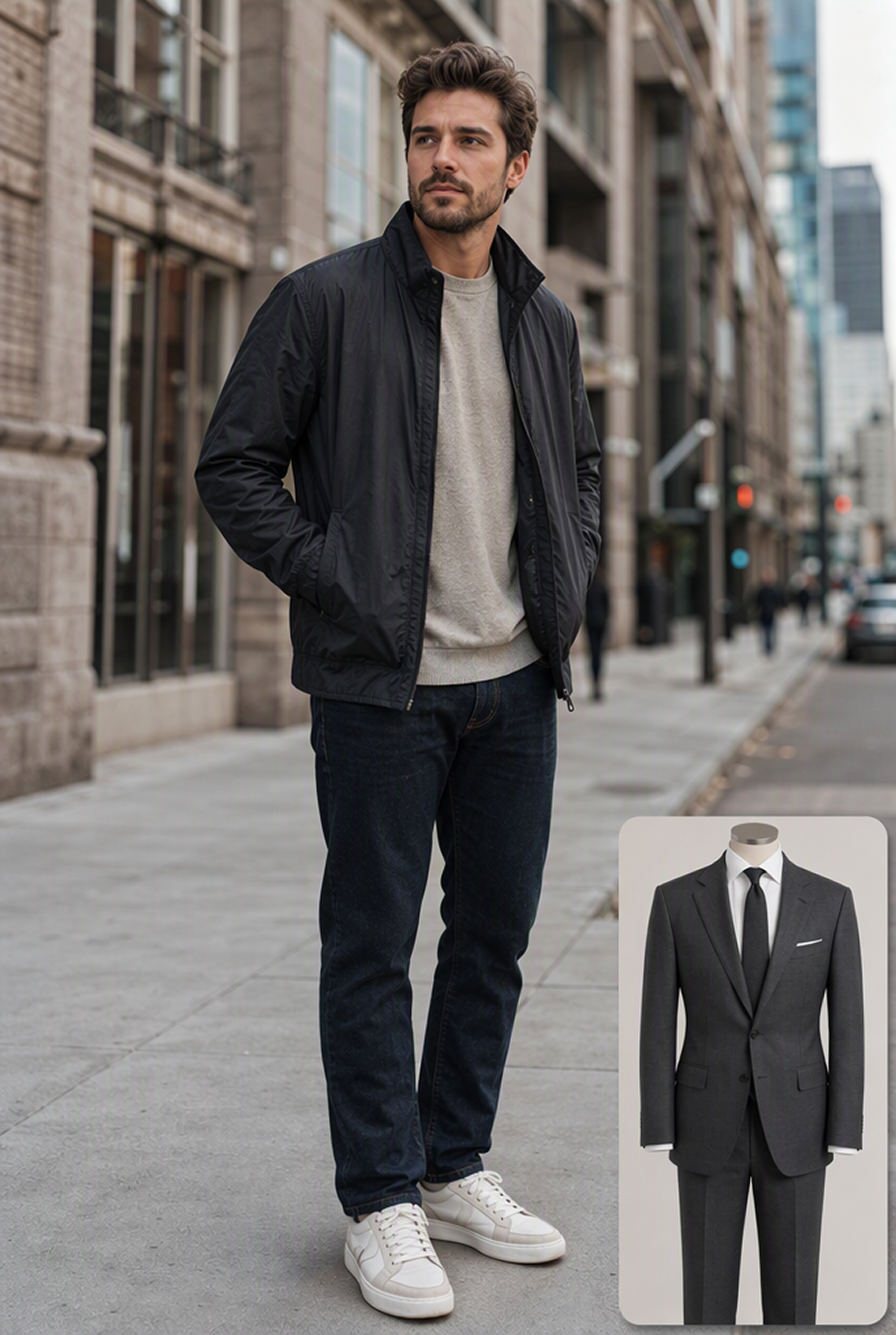 Man in a casual street outfit with a black suit reference image