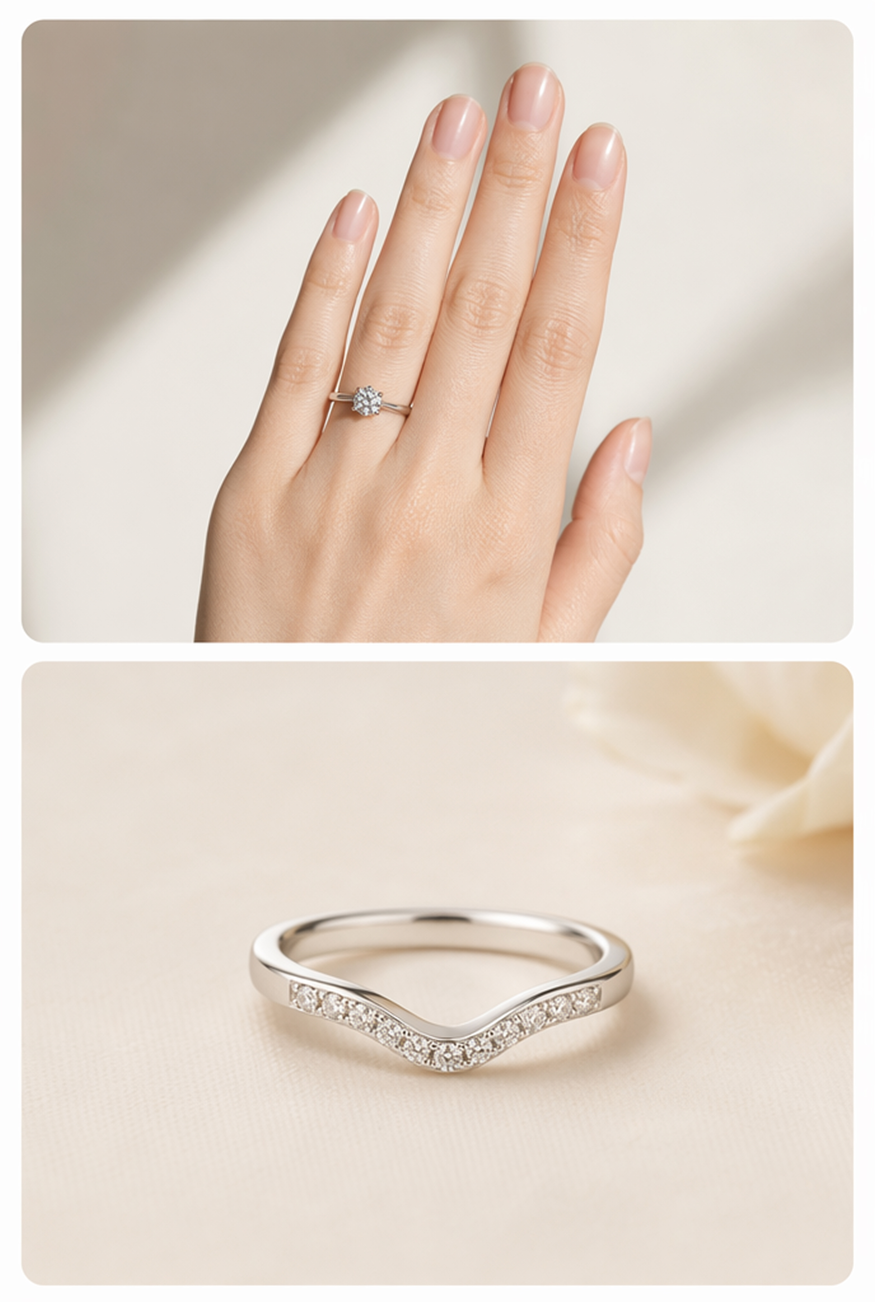 Hand wearing an engagement ring with a curved wedding band reference