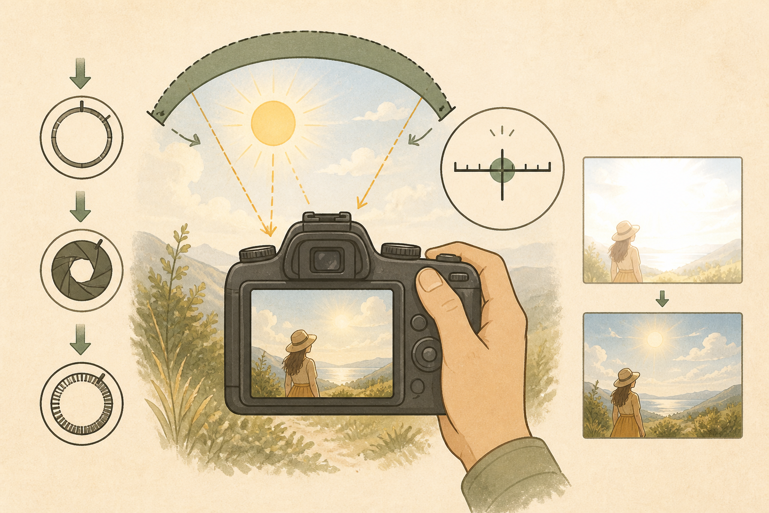 Illustration of checking camera exposure and protecting bright highlights to prevent overexposed photos when shooting.