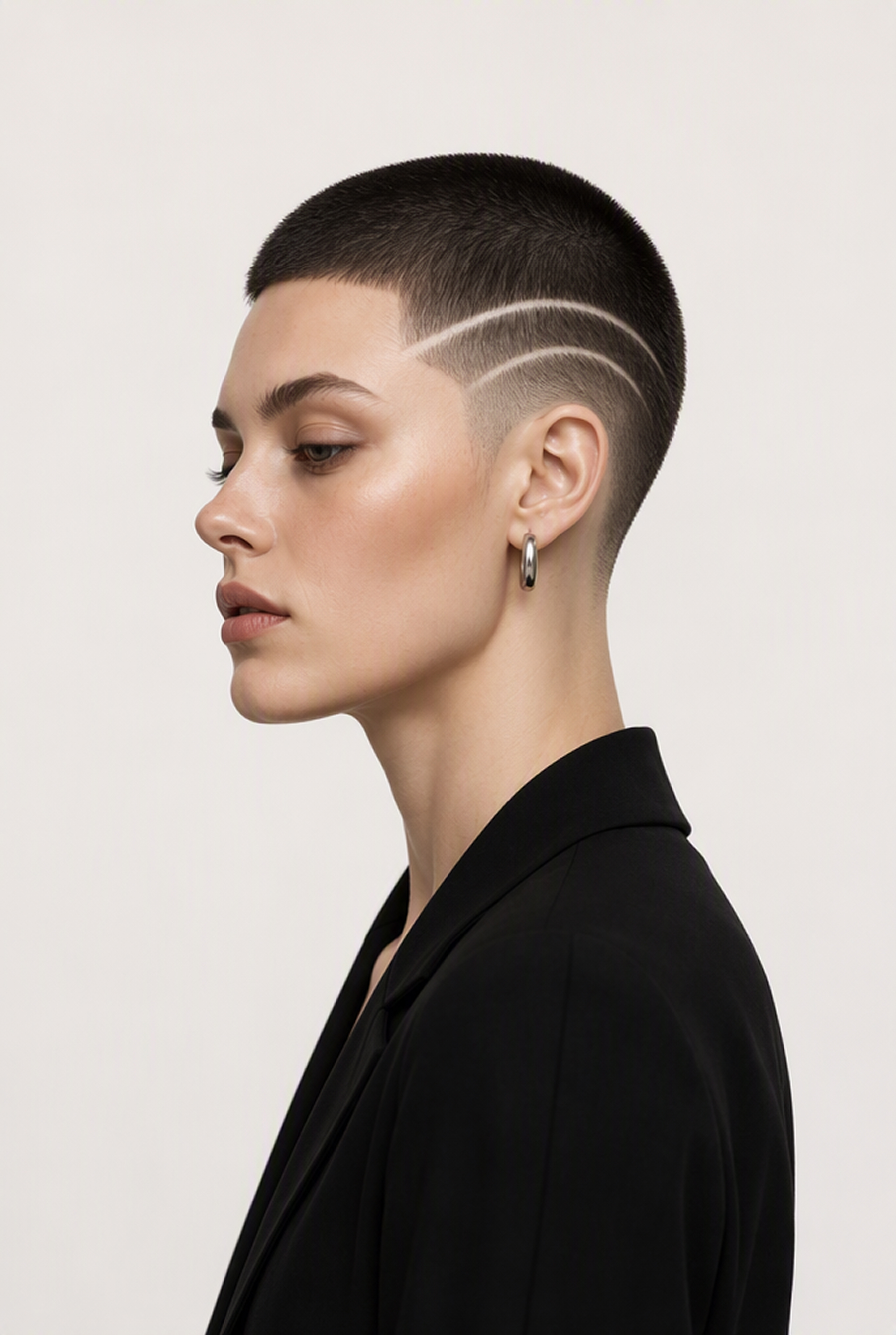 Woman with a graphic shaved-line buzz cut