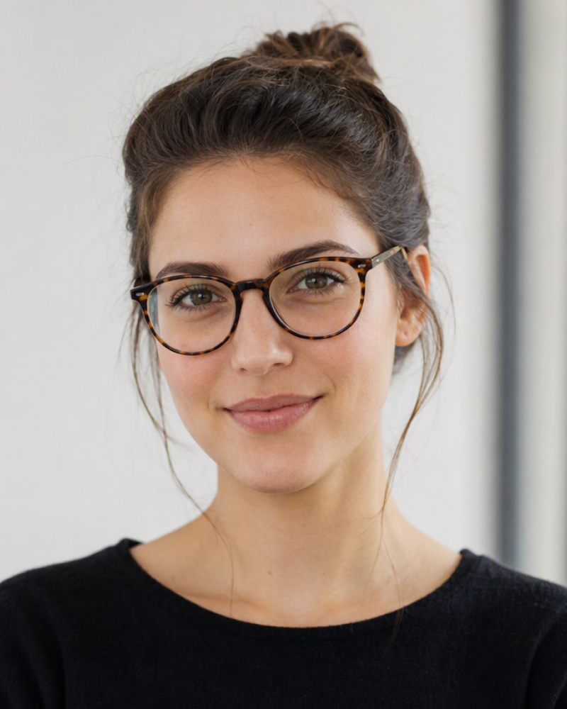 Portrait of a woman with glasses and her hair in a bun