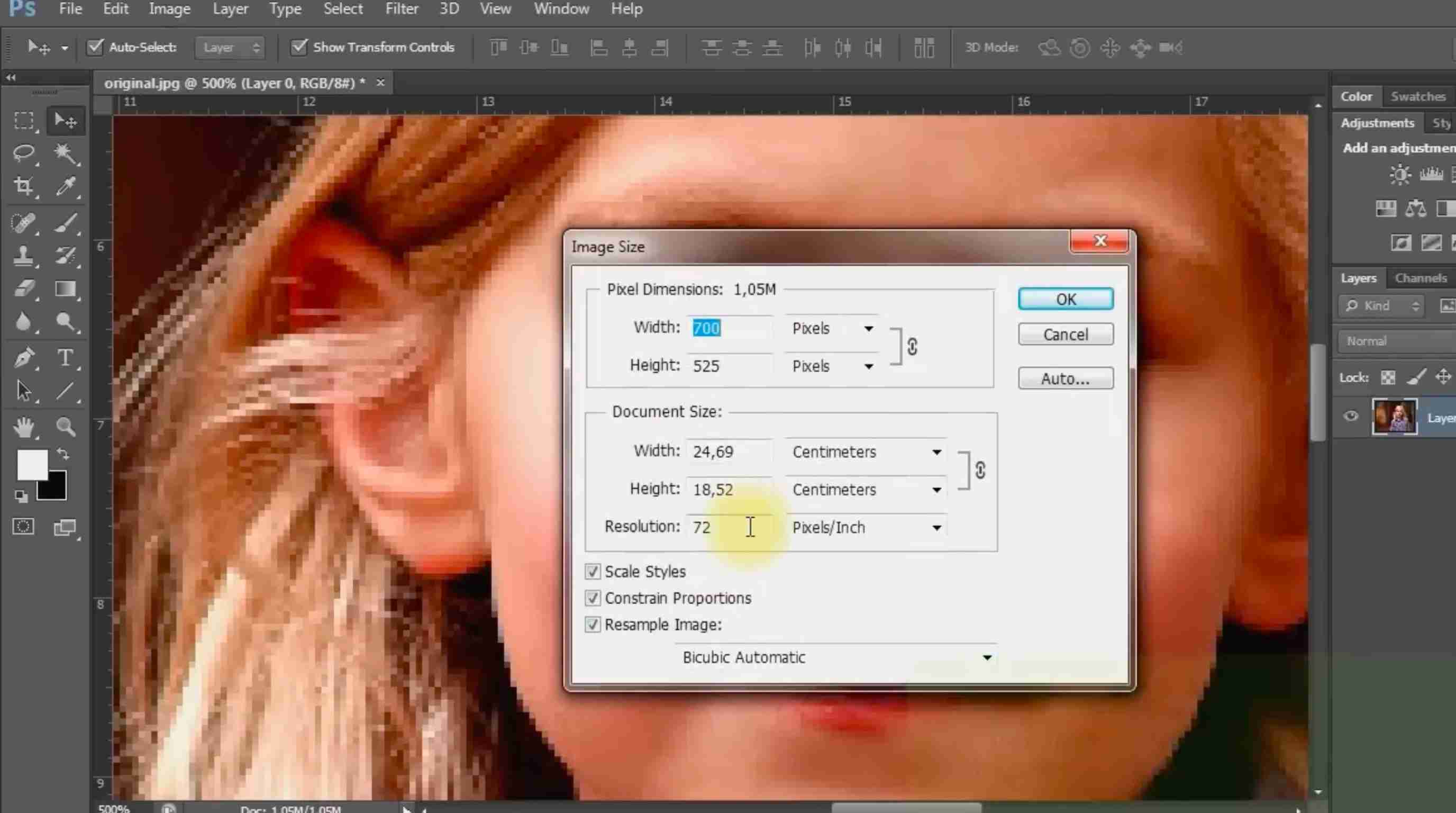 Fix pixelated photos in Photoshop Open the original image and check resolution
