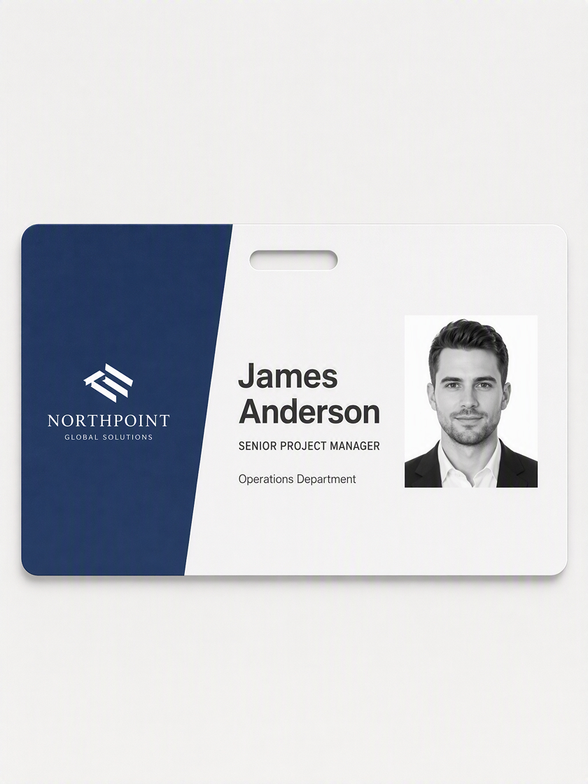 Employee ID card design with portrait area, name, job title, department, and organization details.