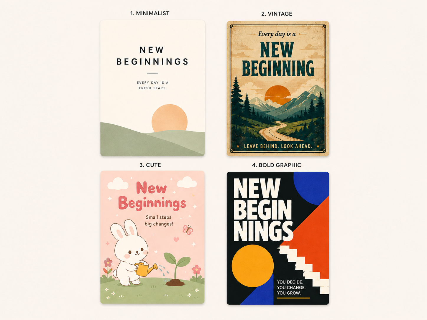 Four aesthetic poster style cards showing minimalist, vintage, cute, and bold graphic designs Four aesthetic poster style cards showing minimalist, vintage, cute, and bold graphic designs
