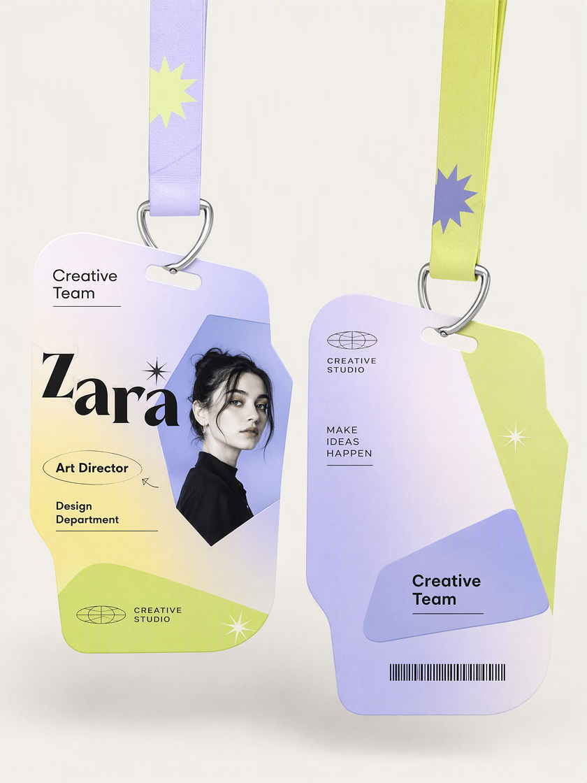 Employee ID card design with portrait area, name, job title, department, and organization details.