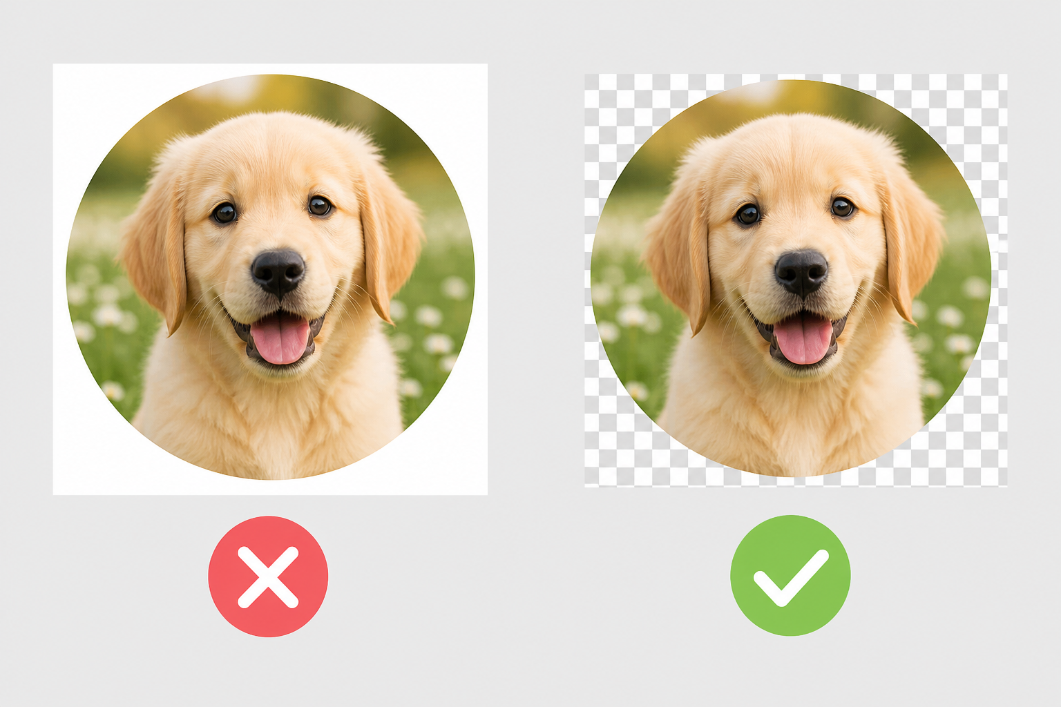 Circular photo stuck on a square opaque background versus a true transparent circular cutout.