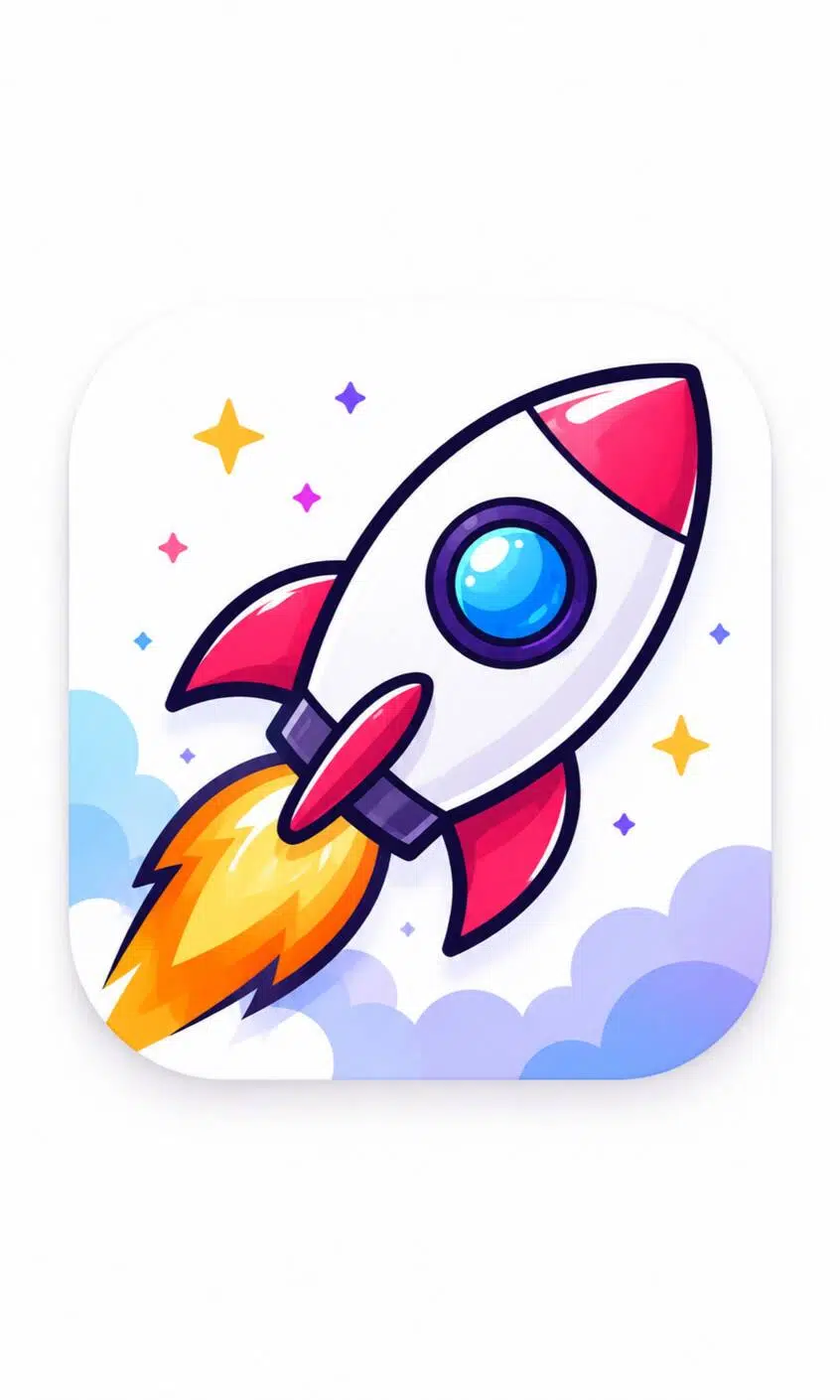 Cartoon rocket app icon on a white background with colorful clouds and sparkles