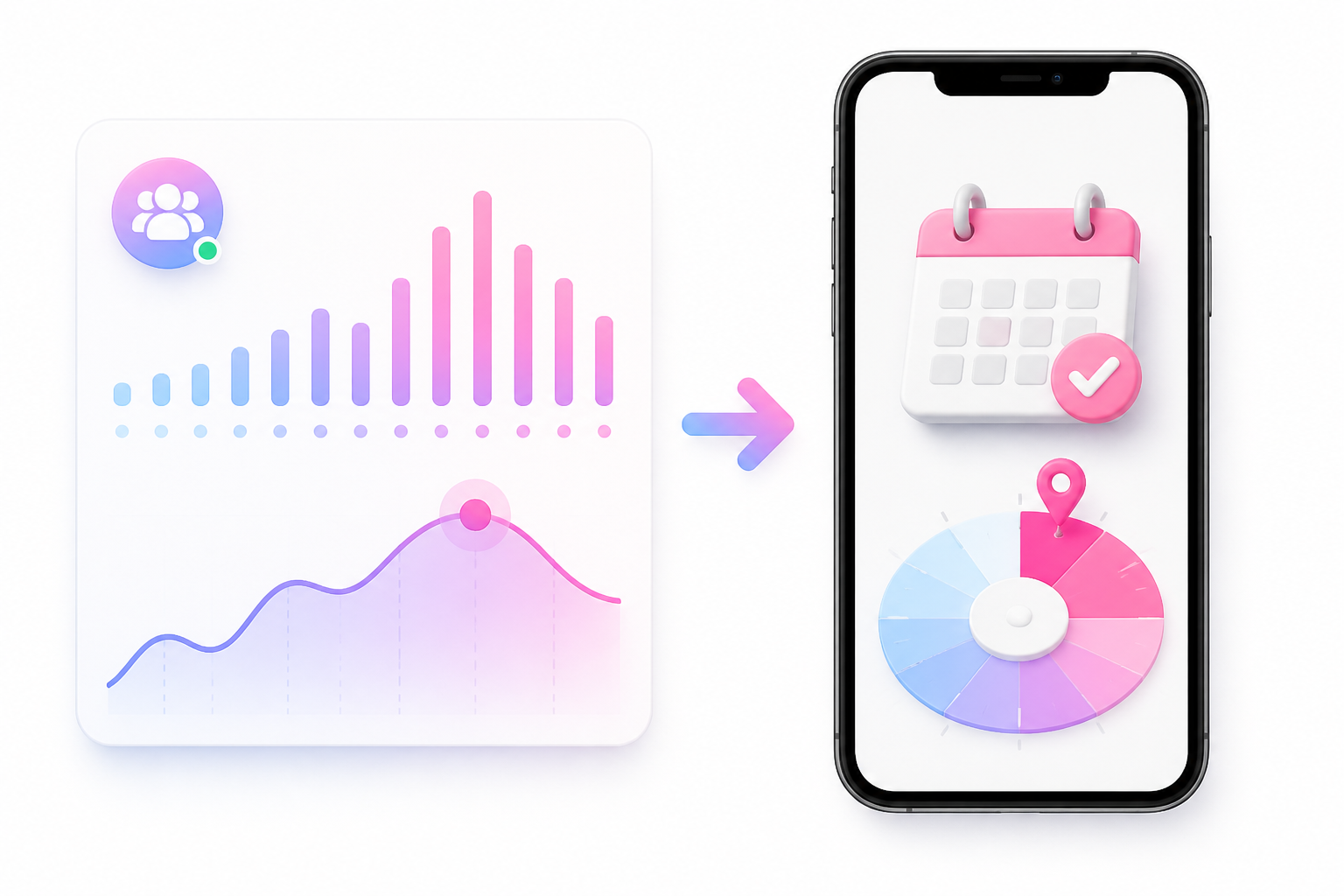 Analytics activity chart leading to a phone pinned at a personal best TikTok posting window. Analytics activity chart leading to a phone pinned at a personal best TikTok posting window.