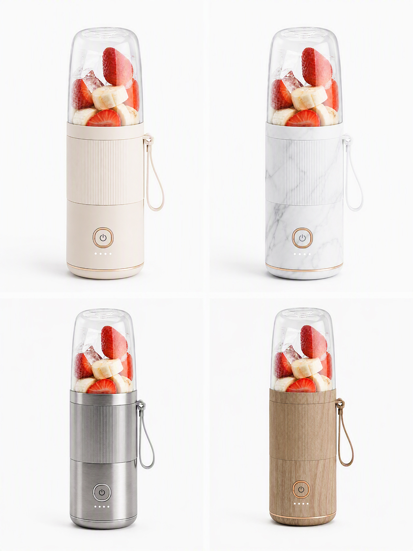 Four portable blender material variants in cream plastic, silver metal, dark gray, and warm beige finishes.