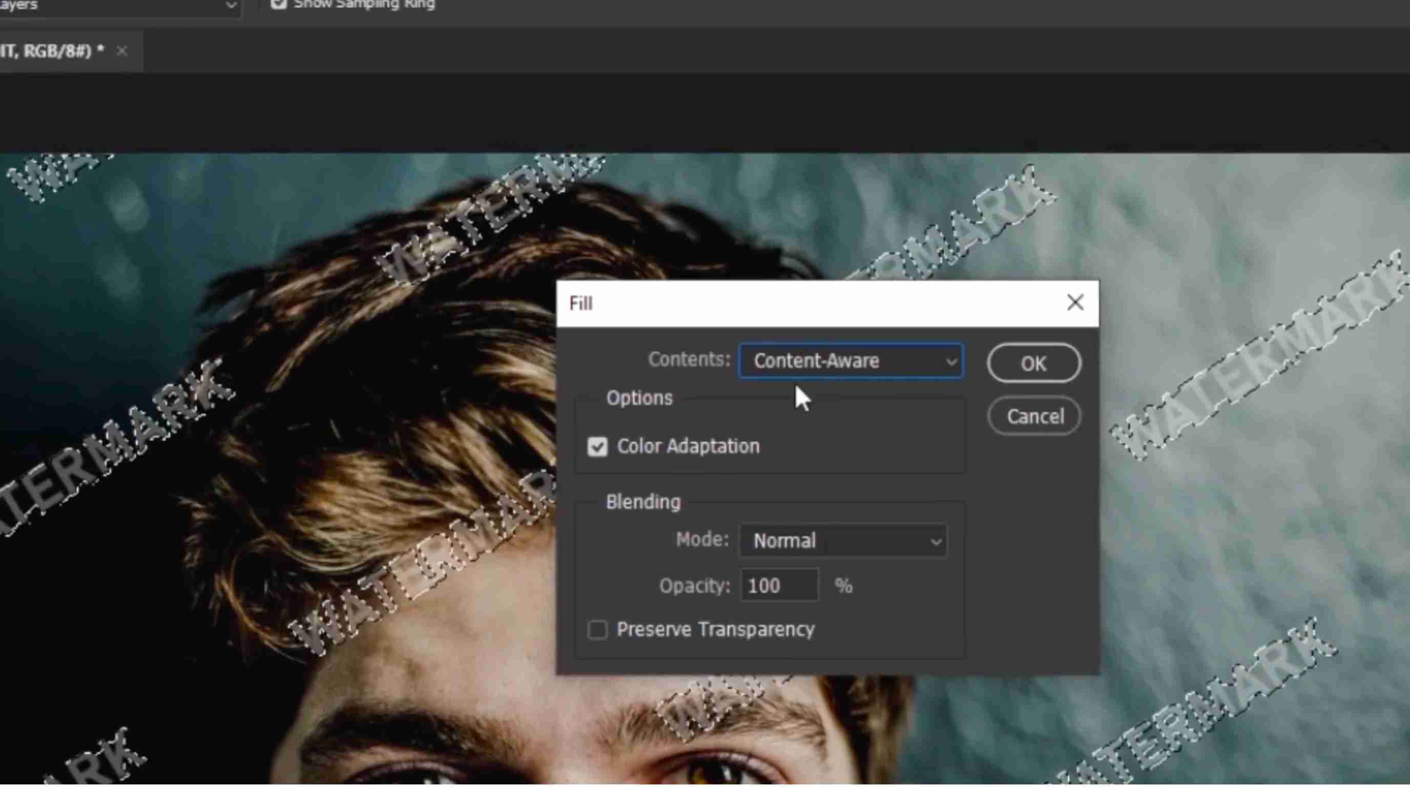 How to remove watermarks from photo in Photoshop Apply Content-Aware Fill