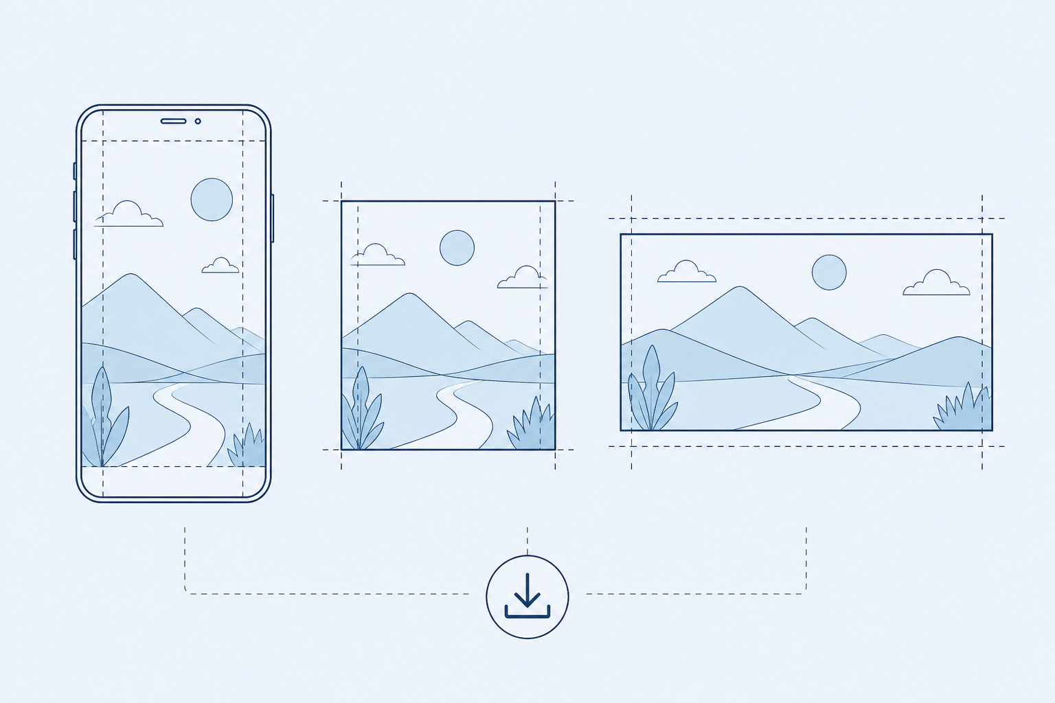 Same animation cropped for vertical, square, and widescreen aspect ratios before export. Same animation cropped for vertical, square, and widescreen aspect ratios before export.