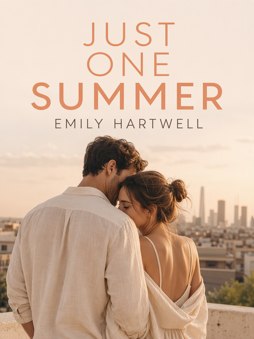 AI-generated romance book cover with a warm scene, elegant title, and author name.