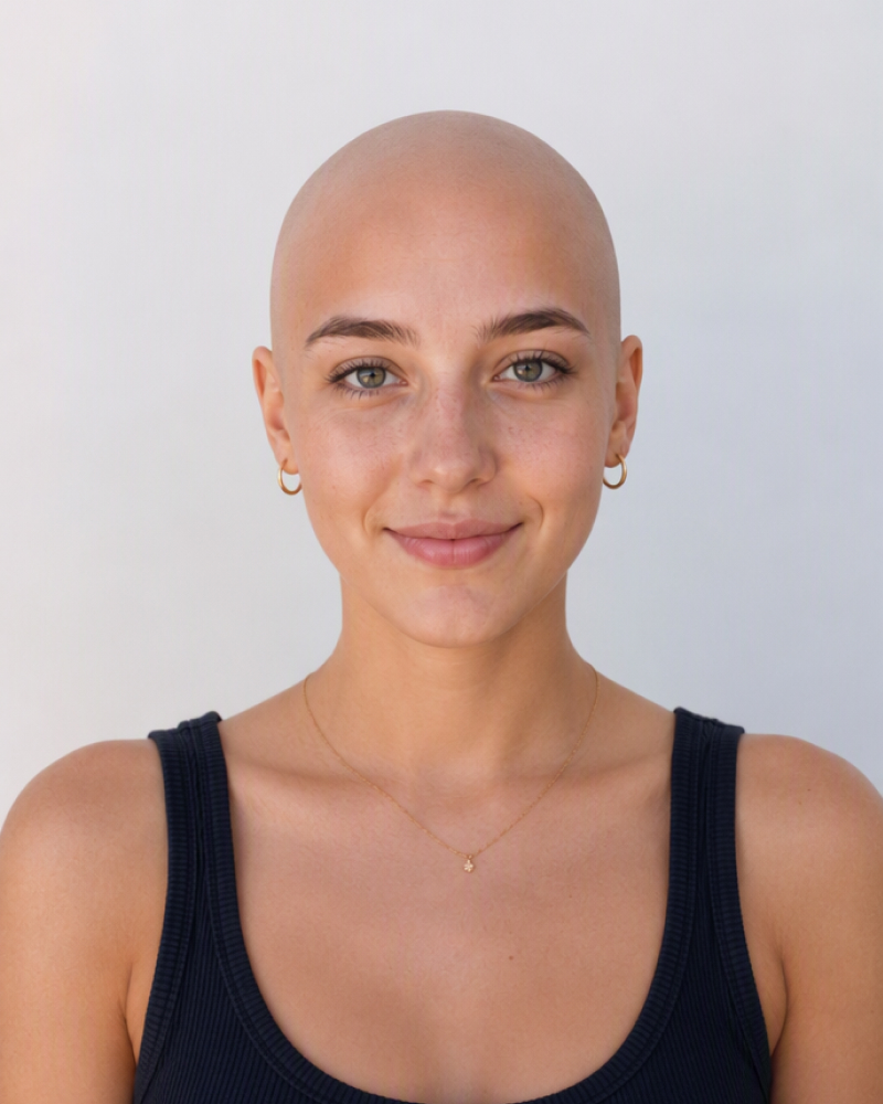 Bald filter result on the same front-facing woman